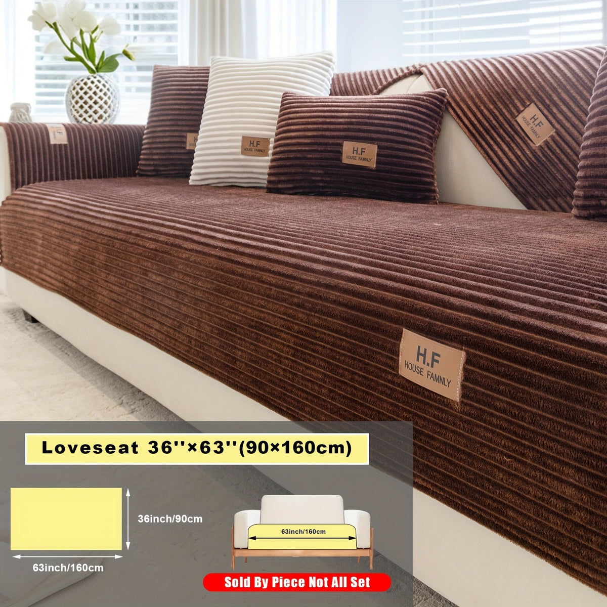 Short Plush Striped Sofa Cover & Cushion - All-Season, Pet-Friendly & Non-Slip - Armchair, Loveseat, 3/4/5-Seater, Backrest, Armrest & Pillowcase - White, Dark Gray, Light Gray, Coffee & Blue