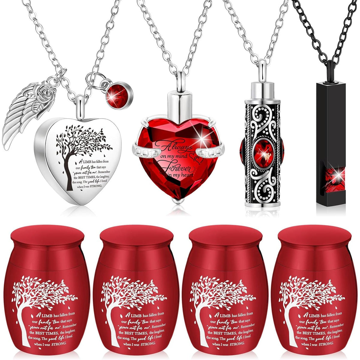 8-Piece Small Cremation Urns for Ashes – Alloy Keepsake Ash Holder Set with Family Tree Memorial Heart Locket Pendant for Adults Men & Women, Burial & Cremation Remembrance Gift, 8 Colors