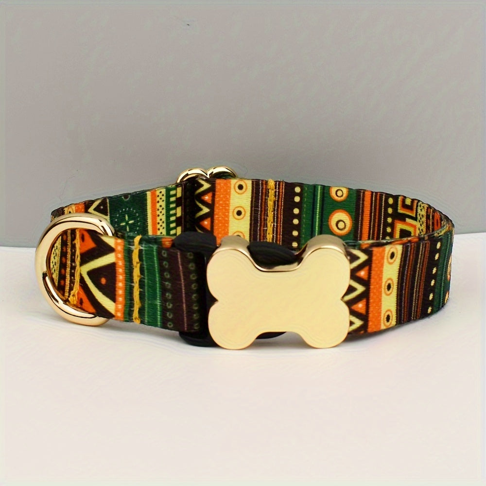 Adjustable Polyester Dog Collar with Metal Bone Charm Decoration – Stylish Colorful Pet Collar for Small to Large Dogs, Sizes XS S M L XL, 6 Colors
