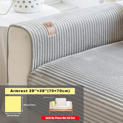 Short Plush Striped Sofa Cover & Cushion - All-Season, Pet-Friendly & Non-Slip - Armchair, Loveseat, 3/4/5-Seater, Backrest, Armrest & Pillowcase - White, Dark Gray, Light Gray, Coffee & Blue