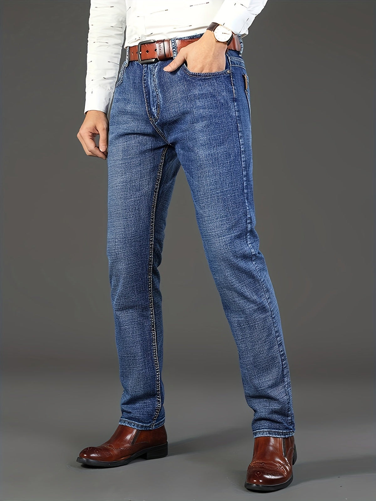 Men's Solid Denim Jeans - Straight Leg, Slight Stretch, Light Business Style - Outdoor, Casual & Daily Wear - Waist 30–40 - Sky Blue & Black Gray