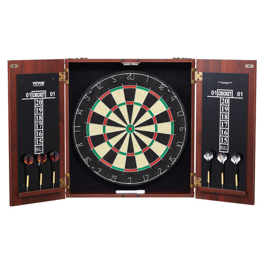 Dartboard Cabinet Set with 18" Self-Healing Sisal Board, 6 Steel Tip Darts, Scoreboard, Retro Woodgrain Cabinet, Staple-Free Bullseye, Complete Accessories Included, for Home Game Room Bar