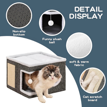 Multi-Layer Cat House with 2-Tier Bed, Toy Tunnel, Foldable Scratching Post & Cozy Mat – All-Season Indoor Cat Condo with Plush Hanging Ball, Nylon Frame & Canvas, Foldable Design