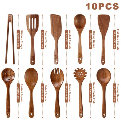 10-Piece Natural Teak Wooden Kitchen Utensils Set - Cooking Spoons, Spatulas & Shovel, Non-Stick Safe, Heat Resistant, Eco-Friendly Wood Cookware Tools for Home Kitchen