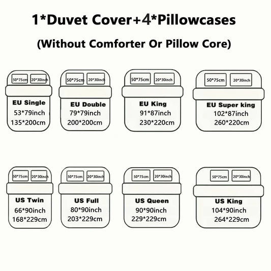 Washed Microfiber Duvet Cover Set 5-Piece, 1 Duvet Cover + 4 Pillowcases, Zipper Closure & Corner Ties, Soft Breathable Bedding Set for Home School Guest Room, No Insert, Multiple Sizes & Colors