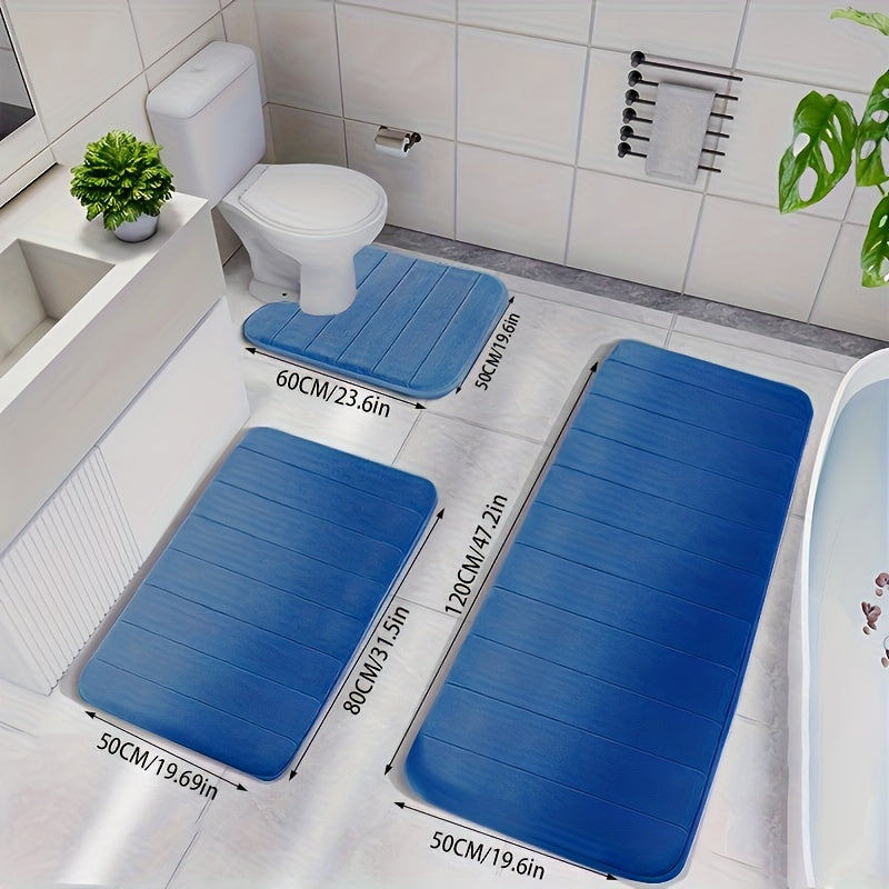 3-Piece Memory Foam Striped Bath Mat Set - Non-Slip, Thickened, Quick-Dry & Machine Washable - Soft Bathroom & Shower Room Mats - 10 Colors