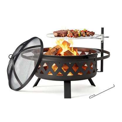 Steel Fire Pit with Grill – Multi-Use Fire Bowl for BBQ, Camping & Picnic, Charcoal & Wood Burning Outdoor Patio Heater, Garden & Backyard Fire Bowl, Black – Nova Mart