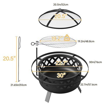 Steel Fire Pit with Grill – Multi-Use Fire Bowl for BBQ, Camping & Picnic, Charcoal & Wood Burning Outdoor Patio Heater, Garden & Backyard Fire Bowl, Black – Nova Mart