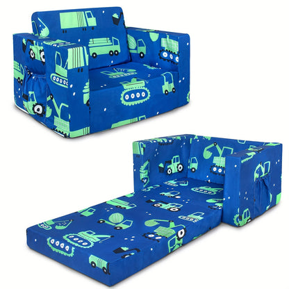 Kids Sofa 2-in-1 Toddler Fold Out Couch Convertible Lounger Soft Foam No Assembly Required for Boys Girls Reading Napping Playing Blue Dinosaur Purple Unicorn Cars