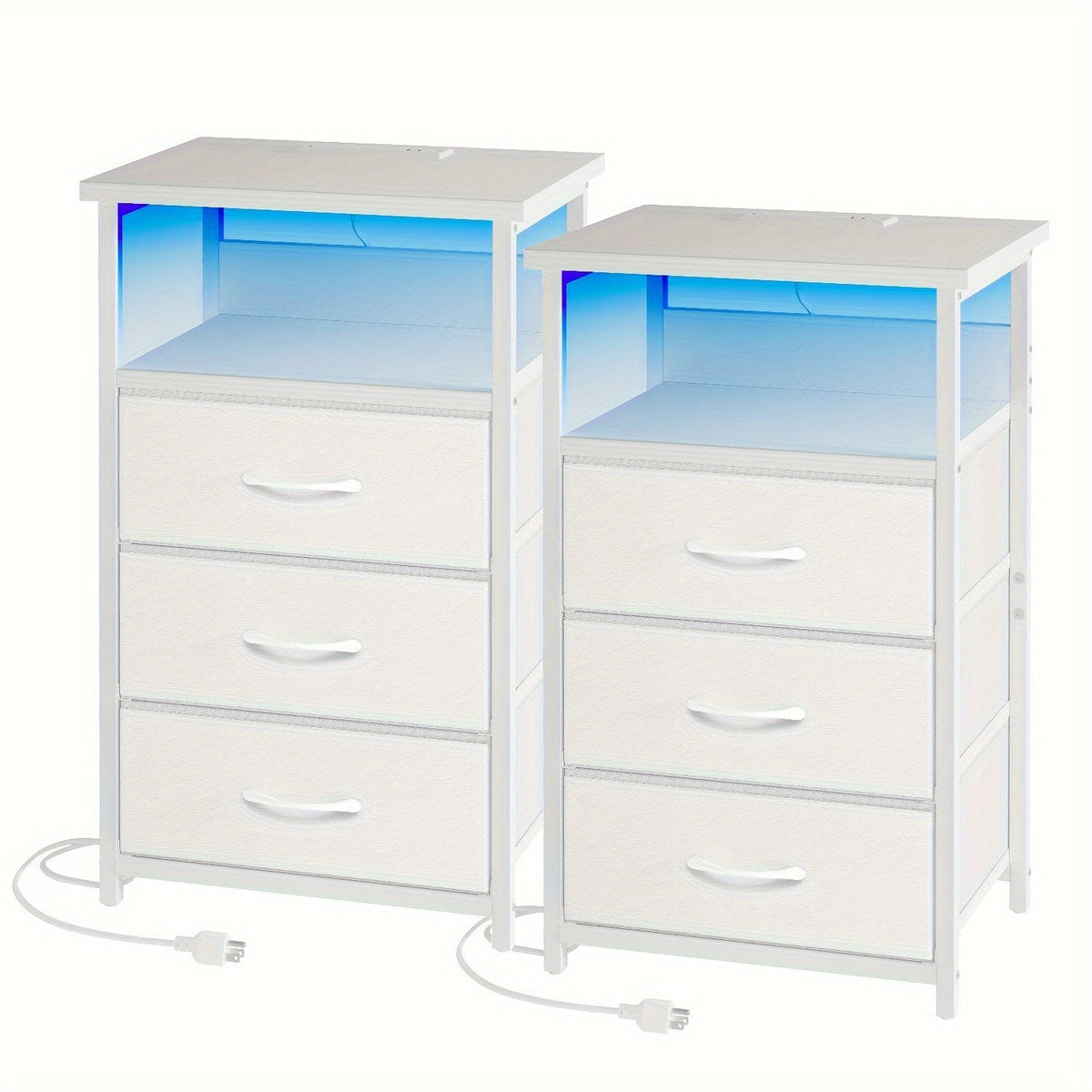 LED Nightstand with Charging Station - 1/2/3/4 Drawers, RGB App-Controlled Music-Sync Lighting, Metal Frame, Fabric Drawers & PU Finish, Adjustable Legs, 2 AC Outlets - 1 or 2 Pack - Bedroom & Living Room - Black, White, Gray & Brown