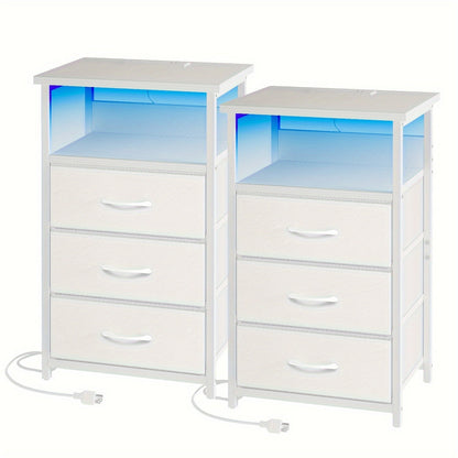 LED Nightstand with Charging Station - 1/2/3/4 Drawers, RGB App-Controlled Music-Sync Lighting, Metal Frame, Fabric Drawers & PU Finish, Adjustable Legs, 2 AC Outlets - 1 or 2 Pack - Bedroom & Living Room - Black, White, Gray & Brown