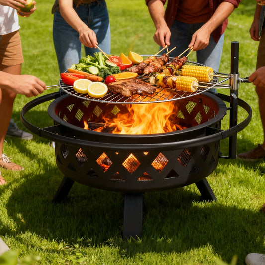 Steel Fire Pit with Grill – Multi-Use Fire Bowl for BBQ, Camping & Picnic, Charcoal & Wood Burning Outdoor Patio Heater, Garden & Backyard Fire Bowl, Black – Nova Mart