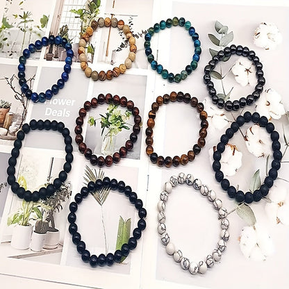 10-Piece 8mm Natural Stone Stretch Beaded Bracelet Set Unisex Stackable Round Bead Vintage Style Men Women Holiday Gift
