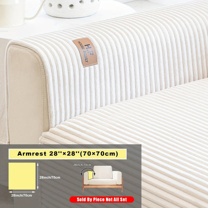 Short Plush Striped Sofa Cover & Cushion - All-Season, Pet-Friendly & Non-Slip - Armchair, Loveseat, 3/4/5-Seater, Backrest, Armrest & Pillowcase - White, Dark Gray, Light Gray, Coffee & Blue
