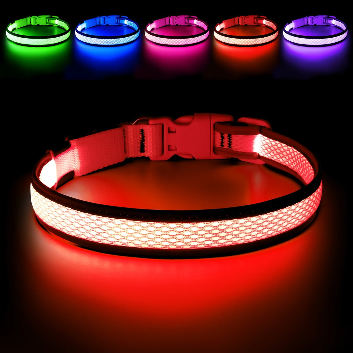 LED Dog Collar USB Rechargeable with 6 Color Lights - Adjustable Soft Mesh Safety Collar for Small Medium Large Dogs, Glowing Night Visibility Dog Collar for Nighttime Walking, Durable & Stylish