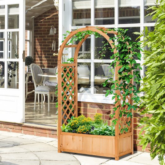 Raised Garden Bed with Arch Trellis Fir Wood Freestanding Planter Box with Lattice Side Drainage Holes for Climbing Plants Flowers Herbs Vegetables Patio Outdoor Brown