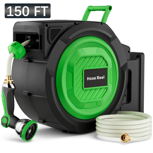 Retractable Garden Hose Reel 100ft/150ft Wall Mounted Auto Rewind, 10 Spray Modes, 3-Layer PVC 200PSI, 180° Swivel for Outdoor Gardening Patio Car Wash & Pet Shower – Freeze-Proof, Brass Fittings