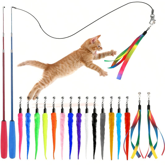 Interactive Cat Teaser Wand Toy Set 8pcs – Retractable Wand with 5 Fuzzy Worm Refills & 2 Ribbon Refills, Detachable Bell, No Battery Needed, Suitable for All Cats & Kittens