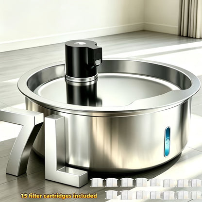 Automatic Pet Water Fountain - 1.85-Gallon Stainless Steel, USB-Powered, for Cats & Dogs & Multi-Pet Households - Includes Filter Cartridges - Silvery