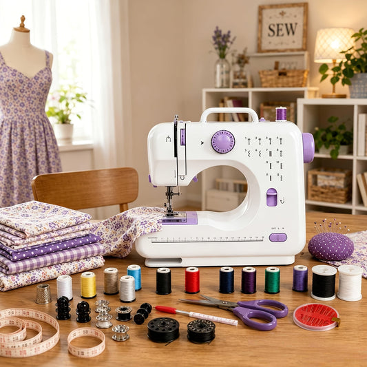Portable Mini Sewing Machine for Beginners - 12 Stitches, LED Light, Double Speed & Foot Pedal - Includes 12-Color Thread Set - Household DIY Handheld Sewing Tool