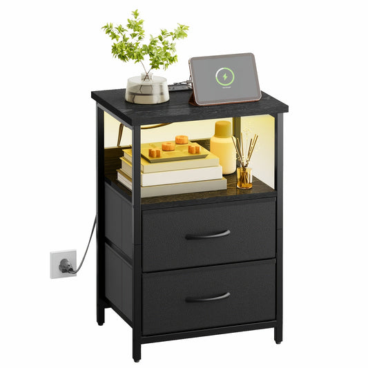 LED Nightstand with Charging Station - 1/2/3/4 Drawers, RGB App-Controlled Music-Sync Lighting, Metal Frame, Fabric Drawers & PU Finish, Adjustable Legs, 2 AC Outlets - 1 or 2 Pack - Bedroom & Living Room - Black, White, Gray & Brown