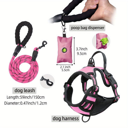 Dog Harness Leash and Poop Bag Dispenser Set 3-Piece Escape-Proof Adjustable Breathable Vest Harness for Medium Large Dogs with Reflective Strips – No-Pull Padded Dog Walking Kit with Waste Bag Holder