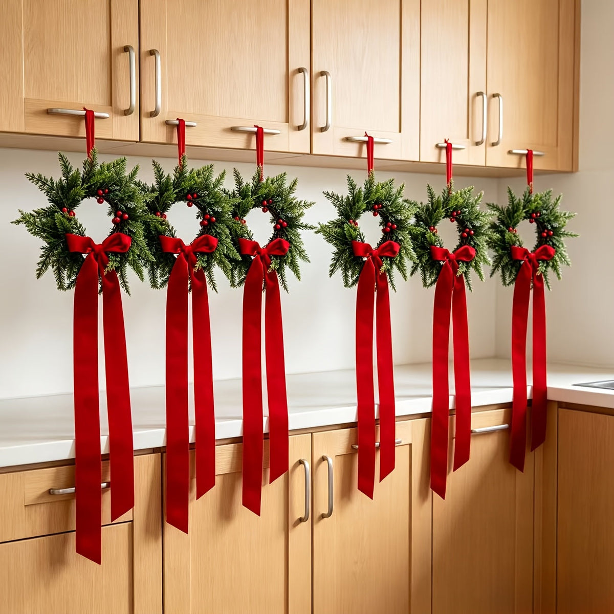 4-Pack Artificial Cedar Christmas Wreath - Green with Red Berries & Ribbon Bow - Front Door, Window, Wall, Cabinet & Wedding - Indoor Holiday Decoration