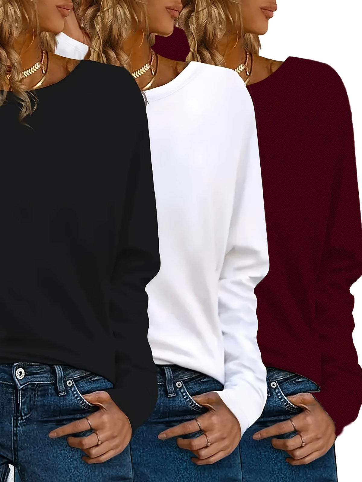 Y2K 3 Piece Long Sleeve T-Shirt Set for Women Solid Color Casual Warm Tops Regular Fit All Seasons Streetwear Layering Outfit S M L XL XXL