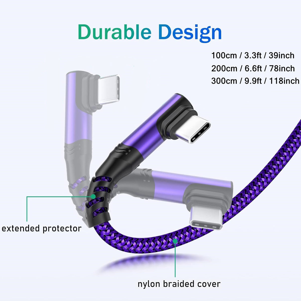 3-Pack Right Angle Braided USB-A to USB-C Fast Charging Cable - 1m, 2m & 3m - iPhone 15/16/17, iPad, Samsung, Huawei & More - Black, Blue, Red, Purple, Rose Gold & Silver