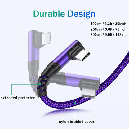 3-Pack Right Angle Braided USB-A to USB-C Fast Charging Cable - 1m, 2m & 3m - iPhone 15/16/17, iPad, Samsung, Huawei & More - Black, Blue, Red, Purple, Rose Gold & Silver