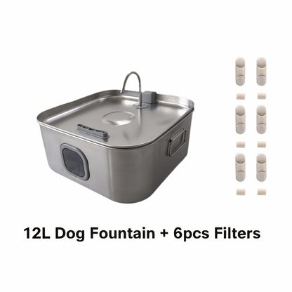 IDEAZOOS Large Dog Water Fountain 12L / 3.17 Gal - 304 Stainless Steel, Ultra Quiet, Water Level Window, Dry Burn Protection, Red/Blue Indicator - Easy to Clean, No Battery - Multi-Pet