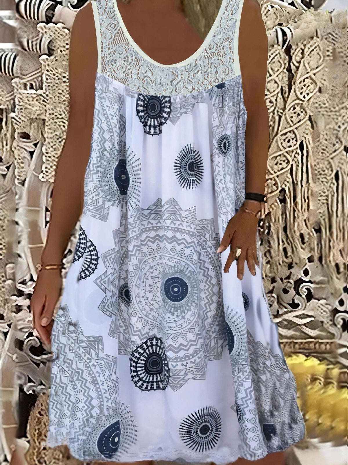 Women's Elegant Sleeveless A-Line Dress - Contrast Lace Hem & Geometric Print - Knee-Length, Round Neck, Machine Washable - Plus Size 0XL–8XL - Purple, Blue, Black, White, Red & More