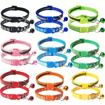 Reflective Pet Collar with Bell 2pcs Set - Adjustable Striped Polyester Cat & Dog Collar with Paw Print Design, Safety Breakaway Buckle, 10 Colors for Small Dogs and Cats, One Size