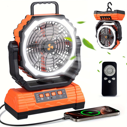 20000mAh Battery Powered Camping Fan with 4-LED Lantern - Dual Motor, 4-Speed, Hook & Remote Control - Portable Outdoor Fan for Tents, Power Outages & Construction Sites