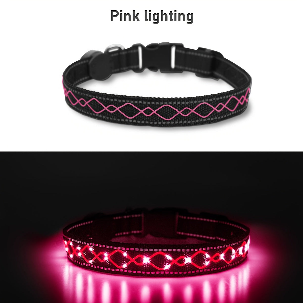 USB Rechargeable LED Embroidery Dog Collar for Night Safety – Glowing Decorative Light-Up Pet Collar with Adjustable Fit for Small Medium Large Dogs, 4 Colors, Sizes S M L