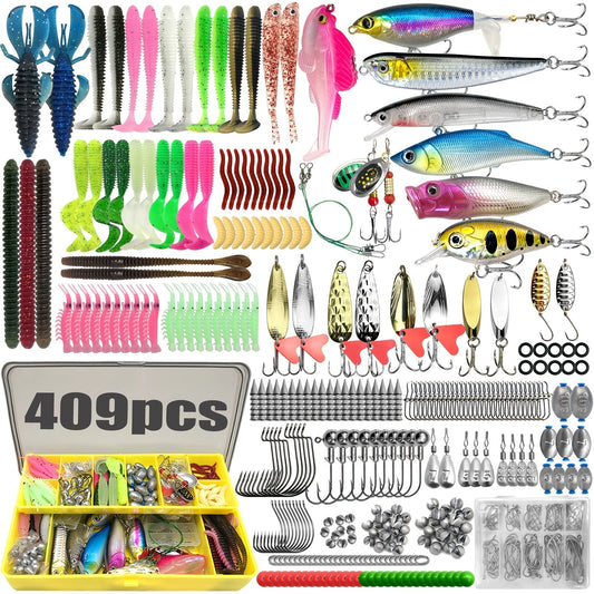 Fishing Tackle Set Complete Freshwater Kit 83 to 409 Pieces – Spinnerbaits, Crankbaits, Jig Heads, Sinkers, Hooks & Carry Case, Ultimate Bass Fishing Lure Assortment for Beginners and Pros