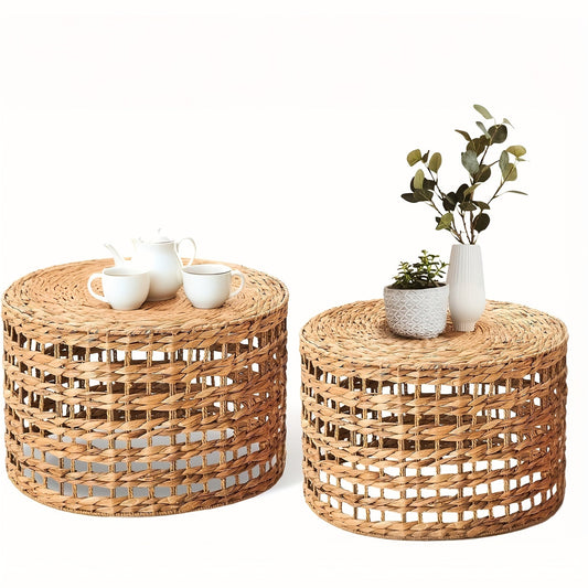 Handwoven Water Hyacinth Outdoor Side Tables Set of 2 Round Patio End Tables for Garden Backyard Porch & Indoor Plant Stands – Natural Seagrass Weave, High & Low Styles, Pro Option Available