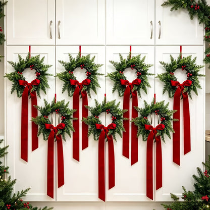 4-Pack Artificial Cedar Christmas Wreath - Green with Red Berries & Ribbon Bow - Front Door, Window, Wall, Cabinet & Wedding - Indoor Holiday Decoration