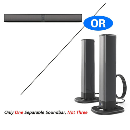 2-in-1 Detachable Soundbar - 20W, Bluetooth/TF/AUX/FM/RCA/TWS, Wireless Flat & Wired Tower Modes, Volume Control - TV, PC, Gaming & Projectors - Black