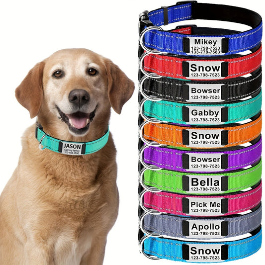 Customizable Reflective Dog Collar with Personalized Name Plate - Padded Nylon Comfort Fit, 12 Color Options, Engraved ID Tag Alternative for Small Medium & Large Dogs, Perfect Personalized Dog Gift for Dog Lovers