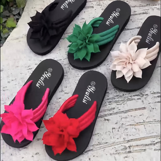 Women's Floral Decor Mid-Heel Flip-Flops - Fabric Upper & EVA Sole - Solid Color All-Season Vacation Style - US 6–10 - Off-White, Red, Green & Dark Pink