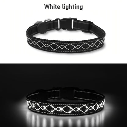 USB Rechargeable LED Embroidery Dog Collar for Night Safety – Glowing Decorative Light-Up Pet Collar with Adjustable Fit for Small Medium Large Dogs, 4 Colors, Sizes S M L