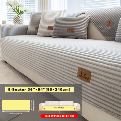 Short Plush Striped Sofa Cover & Cushion - All-Season, Pet-Friendly & Non-Slip - Armchair, Loveseat, 3/4/5-Seater, Backrest, Armrest & Pillowcase - White, Dark Gray, Light Gray, Coffee & Blue