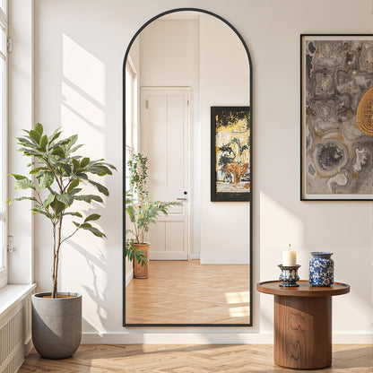 Arched Full Length Mirror 64"x21" Black Metal Frame, Floor Standing Leaning Wall Mirror, Arch Vertical Body Mirror for Living Room Bedroom Entryway Bathroom, Modern Home Decor