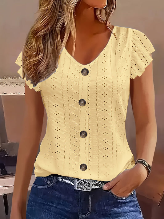 Eyelet Embroidery Button Front V-Neck Cap Sleeve Top Women Solid Color Casual Summer Shirt Breathable Lightweight Blouse S-XXL Multiple Colors