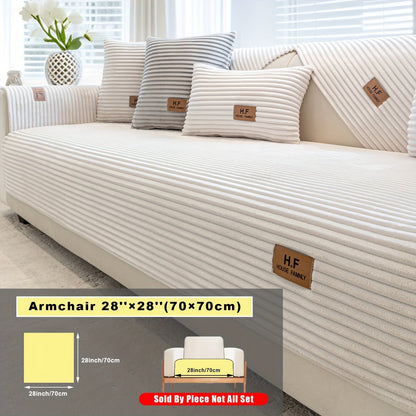 Short Plush Striped Sofa Cover & Cushion - All-Season, Pet-Friendly & Non-Slip - Armchair, Loveseat, 3/4/5-Seater, Backrest, Armrest & Pillowcase - White, Dark Gray, Light Gray, Coffee & Blue