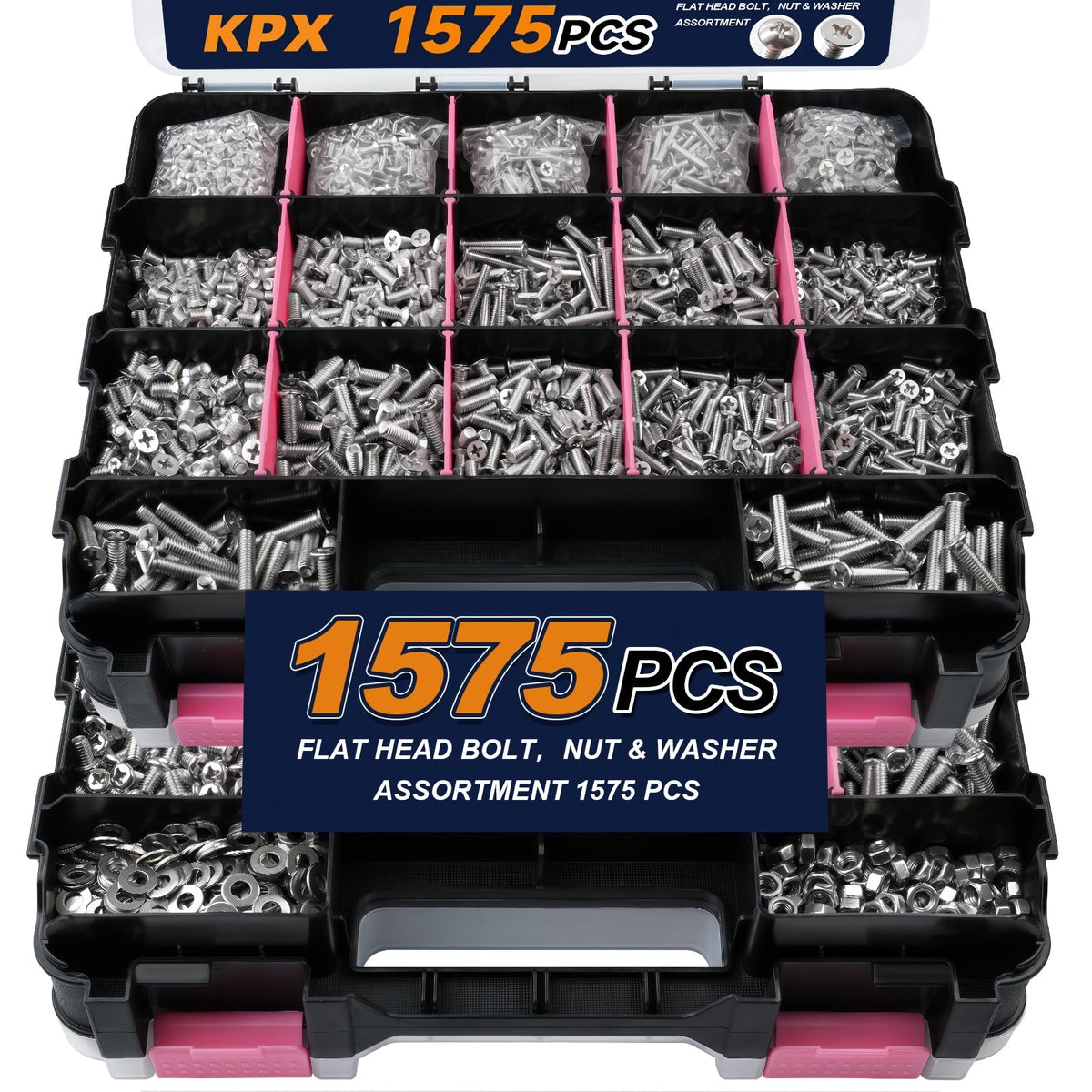 1575-Piece Nut & Bolt Assortment Set - Phillips & Flat Head Screws, Nuts, Bolts & Washers with Double-Sided Storage Case - 10 Colors