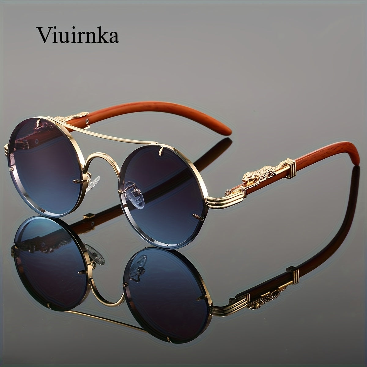 Round Metal Frame Gradient Sunglasses for Men & Women – Luxury Double Bridge, Leopard Detail Hinges, Gradient PC Lenses, Includes Case, Chic Vacation & Street Style Eyewear