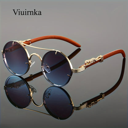 Round Metal Frame Gradient Sunglasses for Men & Women – Luxury Double Bridge, Leopard Detail Hinges, Gradient PC Lenses, Includes Case, Chic Vacation & Street Style Eyewear
