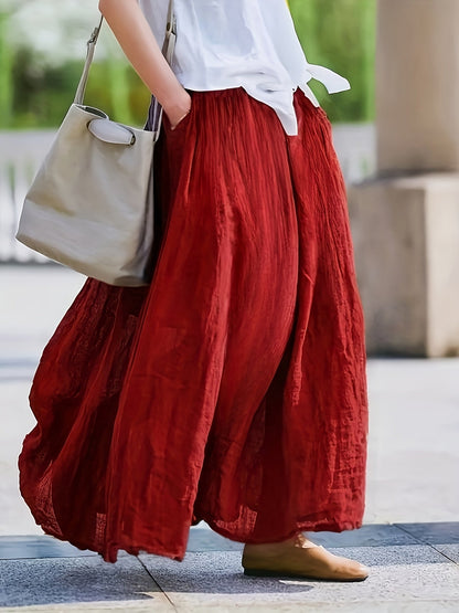 Women's Solid Color Retro Midi Skirt with Pockets Flared Hem Loose Fit Breathable 100% Polyester Spring Summer Fall Purple Burgundy Grey Blue Maroon Brown Green S M L XL XXL